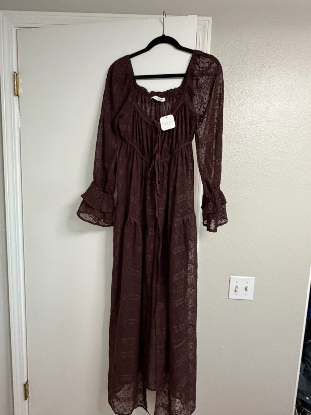 Altar'd State Chocolate Brown Lace Long Sleeve Maxi Dress